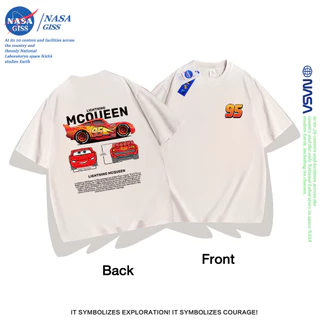 NASA เสื้อยืดฟอก oversize ชายหญิงแขนสั้น สตรีทฮิปฮอป summer ไลท์นิ่ง แม็คควีน พิมพ์ลาย คอตตอน100% คอกลม หลวมและระบายอากาศ