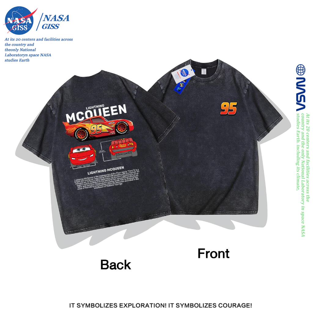 NASA เสื้อยืดฟอก oversize ชายหญิงแขนสั้น สตรีทฮิปฮอป summer ไลท์นิ่ง แม็คควีน พิมพ์ลาย คอตตอน100% คอกลม หลวมและระบายอากาศ