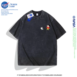 NASA เสื้อยืดฟอก oversize ชายหญิงแขนสั้น สตรีทฮิปฮอป summer เครยอนชินจัง พิมพ์ลาย คอตตอน100% คอกลม หลวมและระบายอากาศ