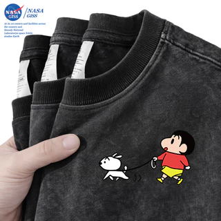 NASA เสื้อยืดฟอก oversize ชายหญิงแขนสั้น สตรีทฮิปฮอป summer เครยอนชินจัง พิมพ์ลาย คอตตอน100% คอกลม หลวมและระบายอากาศ