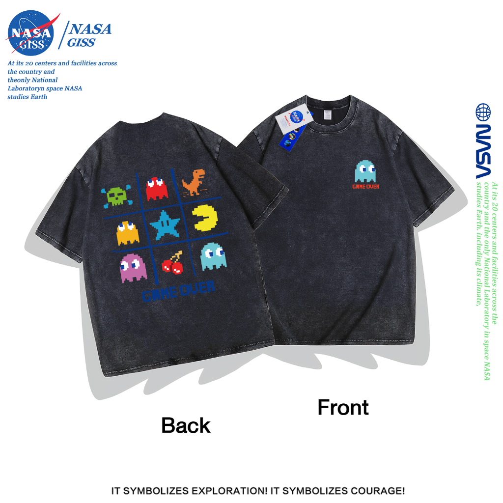 NASA เสื้อยืดฟอก oversize ชายหญิงแขนสั้น สตรีทฮิปฮอป summer  แพ็กแมน พิมพ์ลาย คอตตอน100% คอกลม หลวมและระบายอากาศ