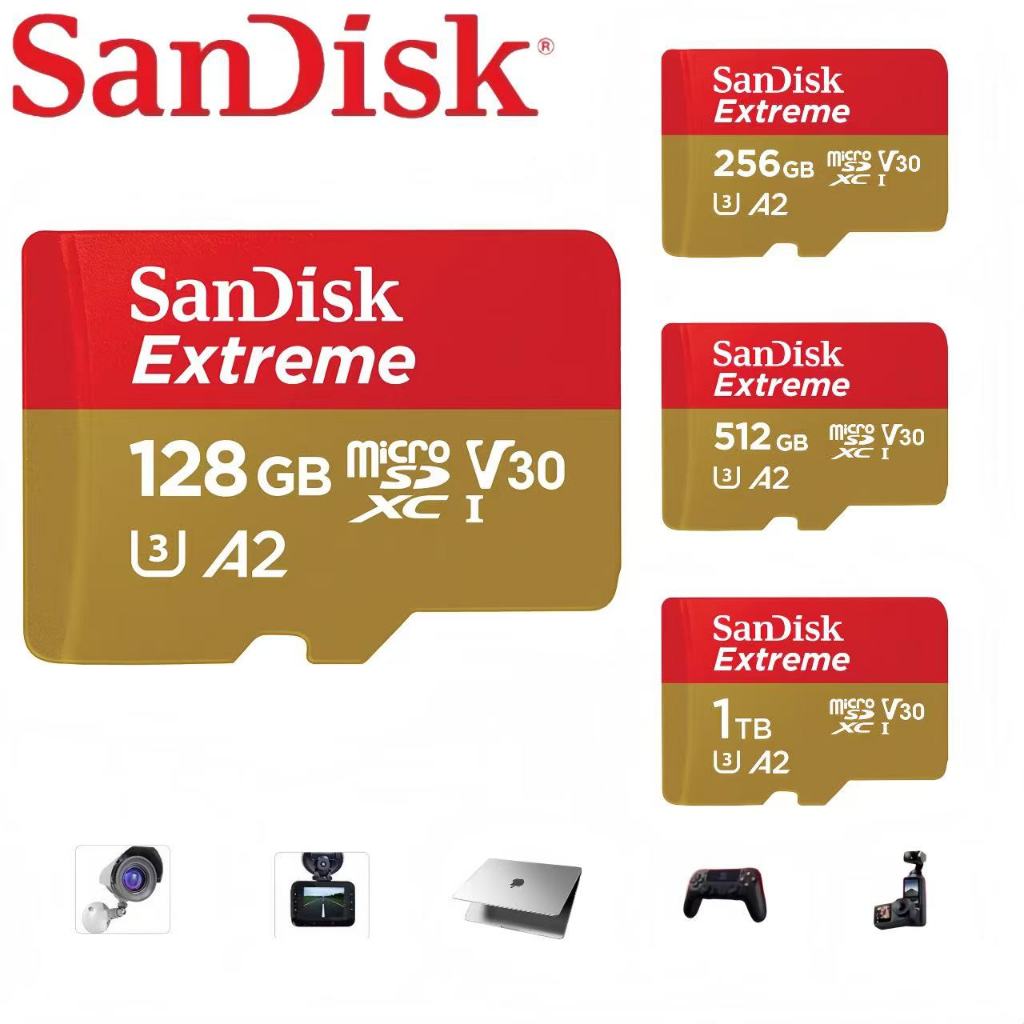 SanDisk Extreme MicroSD การ์ด 128GB, 256GB, 512GB, 1TB | ความเร็วอ่าน 190MB/s | UHS-I U3 V30 A2 | ทนทานสูง สำหรับวิดีโอ 4K, CCTV และเกมมิ่ง
