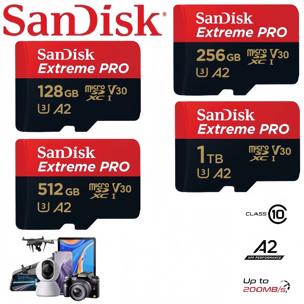 SanDisk Extreme Pro MicroSD การ์ด 1TB, 512GB, 256GB, 128GB | ความเร็วอ่าน 200MB/s | UHS-I U3 V30 | ทนทานสูง สำหรับวิดีโอ 4K/8K, CCTV และเกมมิ่ง