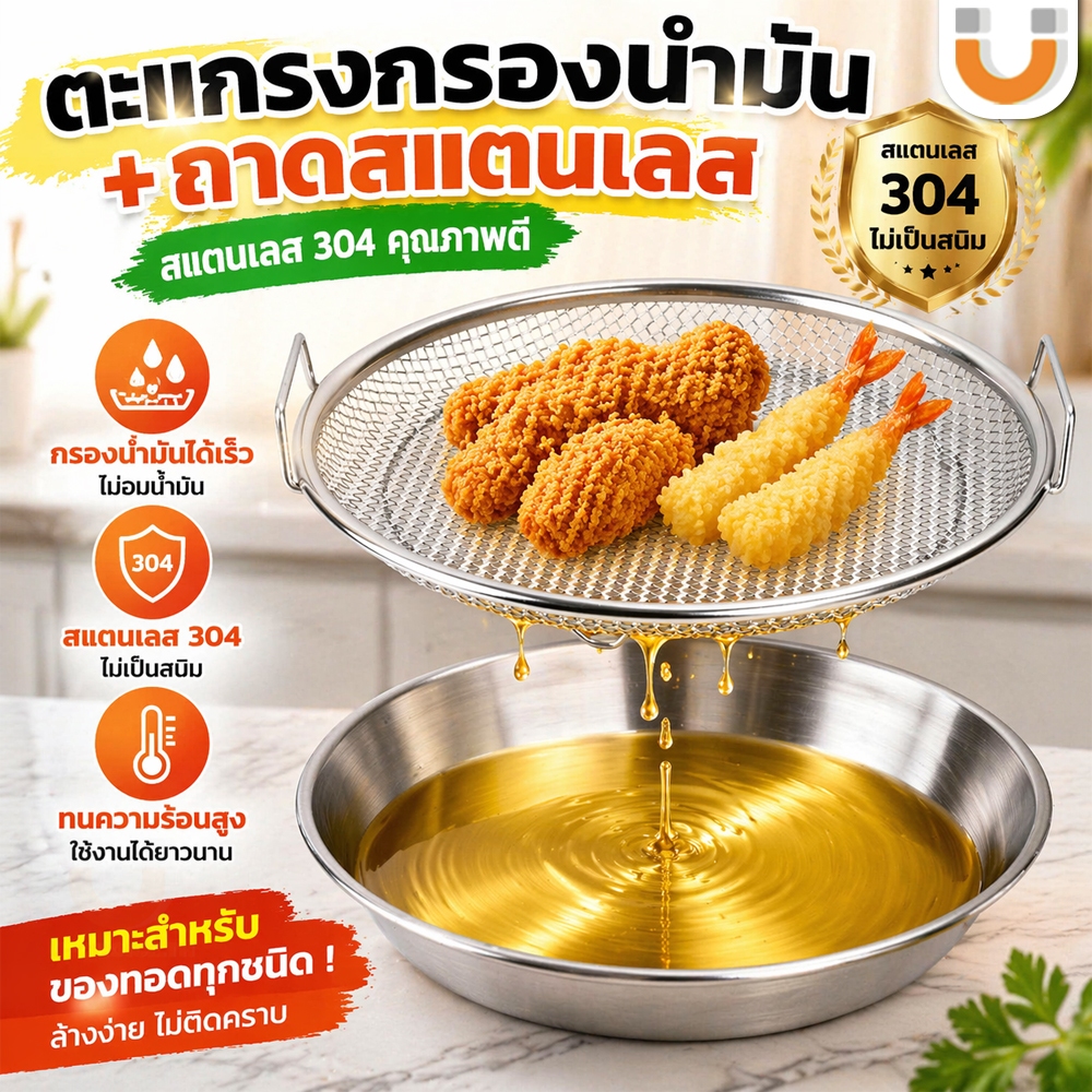 ✅ถาดกรองน้ำมันสแตนเลส 304 พร้อมตะแกรงกรองน้ำมัน ถาดพักของทอด ตะแกรงสะเด็ดน้ำมัน 18-26ซม. ตะแกรงกรองสำหรับอาหารทอด
