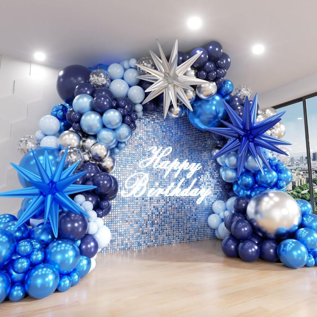 105 ชิ้นลูกโป่งสีฟ้า Arch ชุดโลหะเงิน Confetti บอลลูนสําหรับครบรอบวันเกิดงานแต่งงาน Baby Shower Party Decocoration