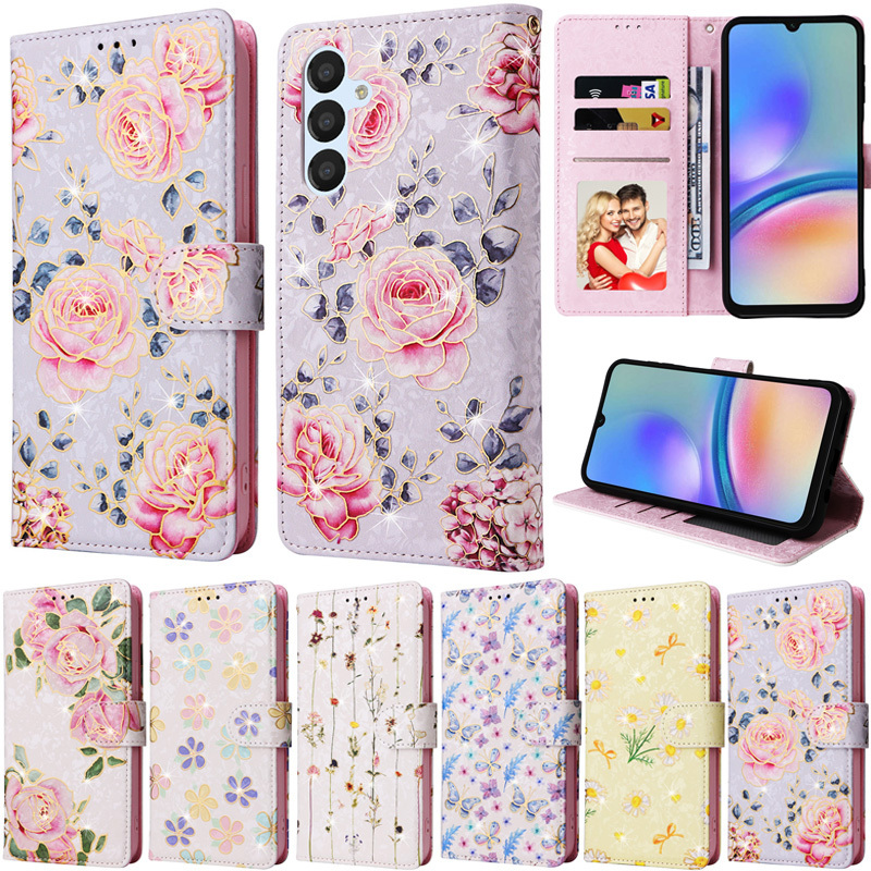 หรูหราสําหรับ Samsung Galaxy S25 FE A57 5G A37 5G A36 5G S26 Ultra S25 Edge S26 + S26 Plus ดอกไม้รูปแบบกระเป๋าสตางค์นุ่ม PU หนัง Flip Skin Stand ฝาครอบกรณี