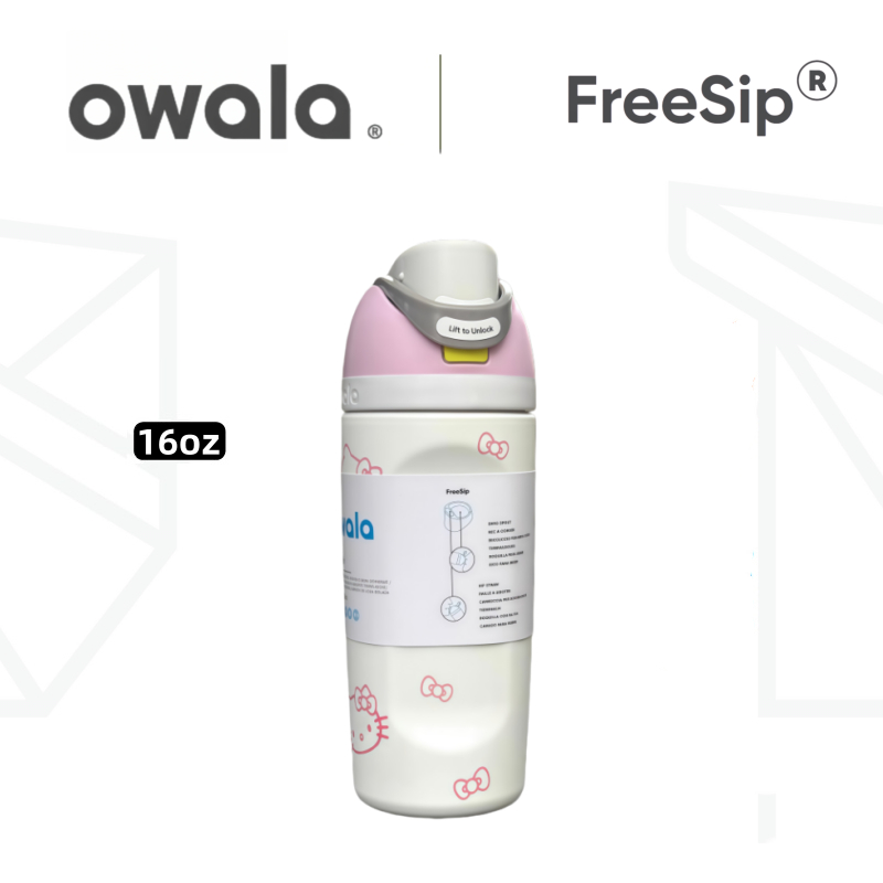 Owala FreeSip Hello Kitty 16oz ขวดน้ําสแตนเลส Limited Edition – แก้วน้ํากันรั่ว, ฉนวนติดผนังสองชั้นพร้อมหลอดในตัว, ปลอดสาร BPA สําหรับเล่นกีฬา, โรงเรียนและการเดินทาง