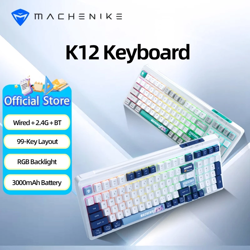 Machenike K12 คีย์บอร์ดเมมเบรน Tri-Mode, บลูทูธไร้สาย 2.4G แบบมีสาย, เค้าโครง 99 คีย์, ไฟแบ็คไลท์ RGB, ฝุ่นและน้ํากระเซ็น, แบตเตอรี่ 3000mAh