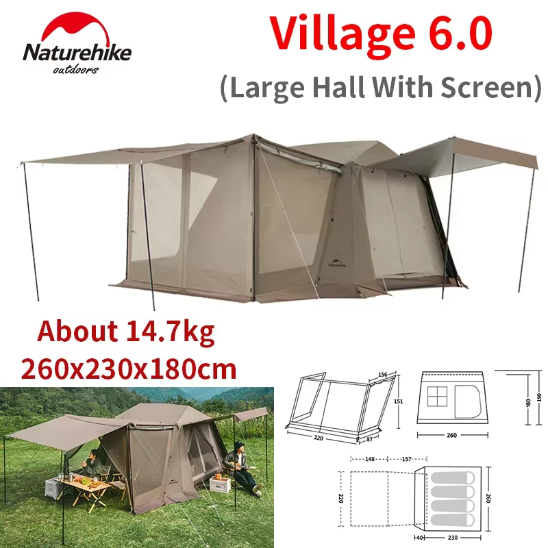 Naturehike Village 6.0 เต็นท์อัตโนมัติสีดำ ป้องกันแสงแดดและน้ำ สำหรับ 4-6 คน