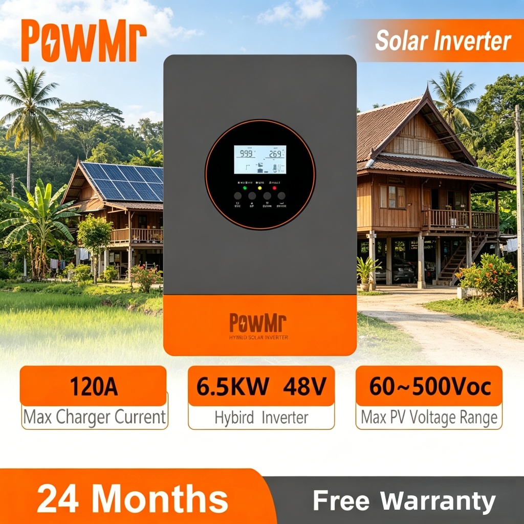 PowMr MPPT 6.5KW 48V ไฮบริดอินเวอร์เตอร์พลังงานแสงอาทิตย์ 230Vac แรงดันไฟฟ้าเริ่มต้น 55Voc ในตัว 110