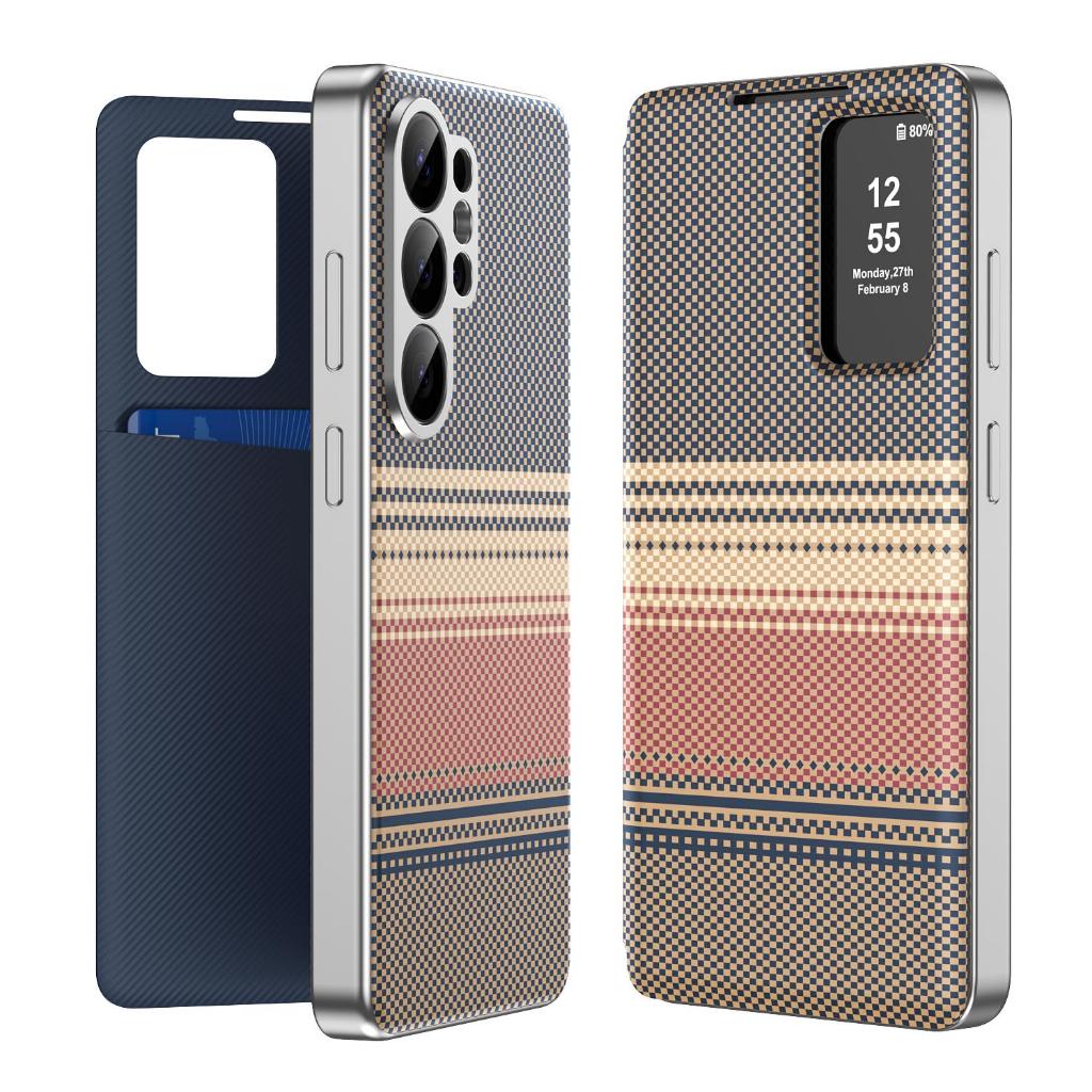 เคสหนังฝาพับลายทอคาร์บอนไฟเบอร์ | ที่ใส่บัตรในตัว นอน/ปลุกอัตโนมัติ เคสโทรศัพท์ป้องกันเต็มรูปแบบสําหรับ Samsung S26 Ultra, S25 Ultra, S23, S22 Ultra, S25 FE, S24