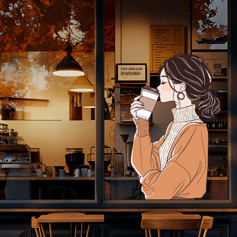 สติ๊กเกอร์ติดประตูกระจกการ์ตูนสุภาพสตรีดื่มรูปแบบกาแฟออกแบบร้านกาแฟสติกเกอร์หน้าต่างตกแต่งพีวีซี ไร้กาว คงที่สติกเกอร์