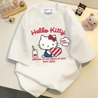 NFV มาใหม่ ลายการ์ตูนคิตตี้ เสื้อยืดแขนสั้นคอกลม แฟชั่นเกาหลี ผ้าฝ้ายแท้ oversize YG585