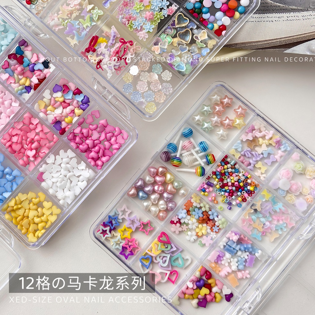 12 ตาราง Macaron Love Heart Bow อุปกรณ์ทําเล็บผสม Fine กระพริบ Camellia ผีเสื้อเล็บเรซิ่นด้านล่างแบนเพชร DIY