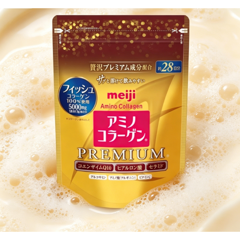 Meiji Premium Collagen Powder, 5000mg Fish Collagen with Q10, Hyaluronic Acid & Ceramides, 28-Day