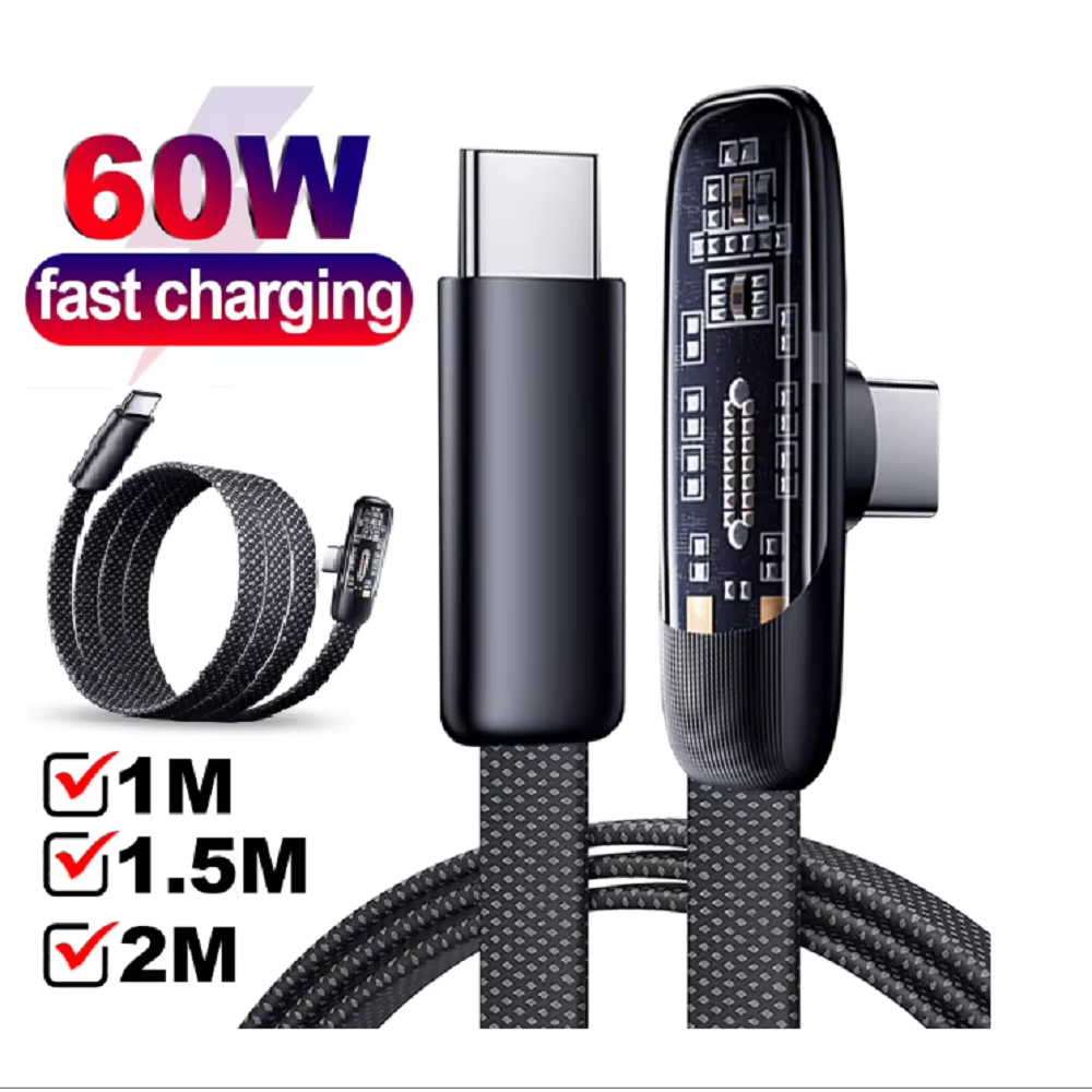 Elough 60W Type C ถึง Type C สายเคเบิลข้อมูลชาร์จเร็ว 90° สาย PD โทรศัพท์มือถือข้อศอก