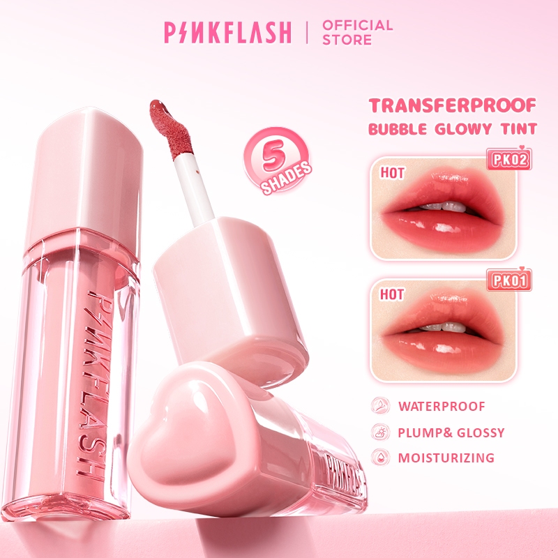 PINKFLASH TRANSFERPROOF BUBBLE GLOWY TINT Bubble Glowy Lips Bubble Film Color Lock Moisturizing Long-lasting Smooth abd Fresh Non Sticky 6 เฉดสี PF-L21
