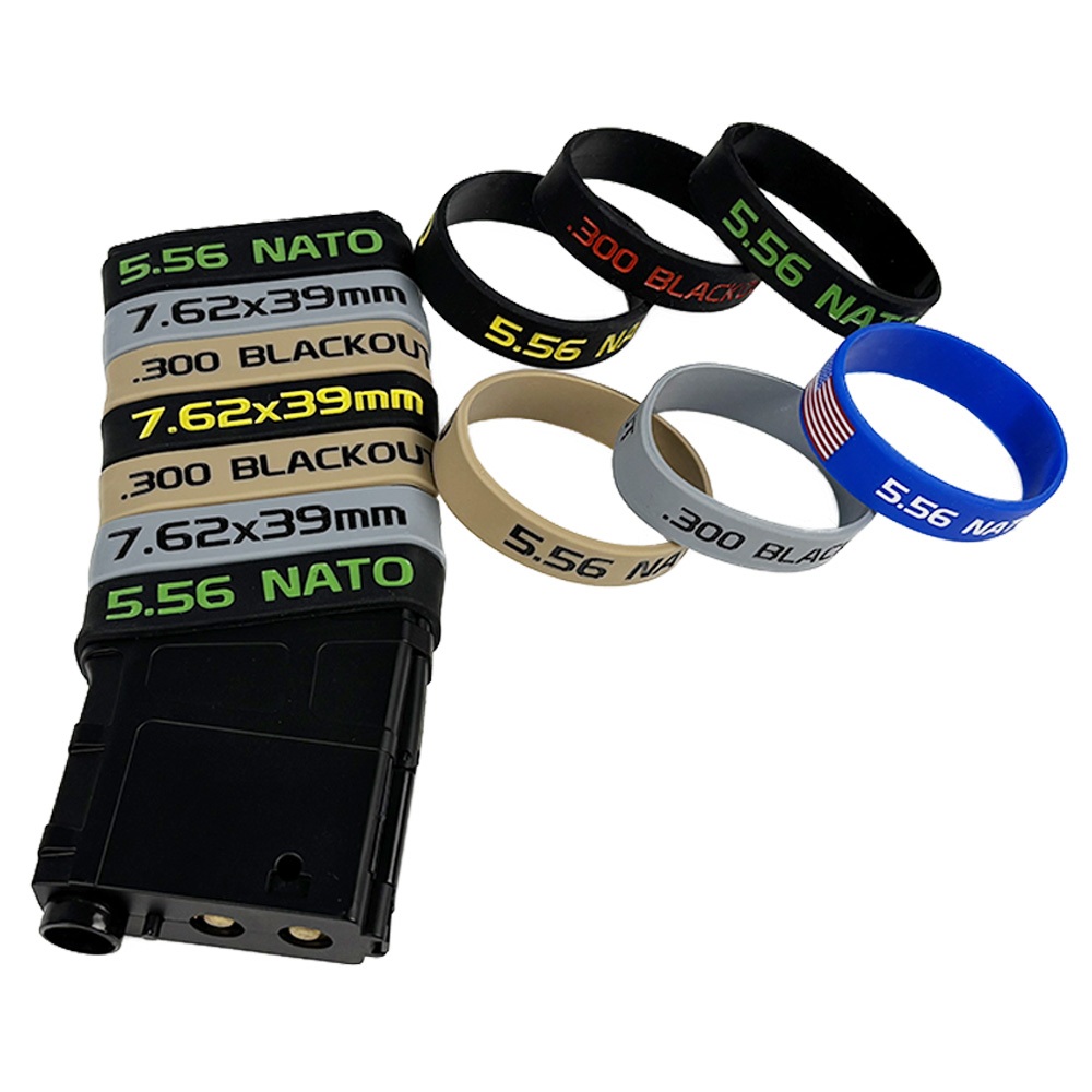 6 แพ็คนิตยสารเครื่องหมายสําหรับ 7.62x39 5.56 NATO .223 REM .300 BLK ตัวอักษรแบบฝังนิตยสารเครื่องหมายยาง Band Muti-Colors