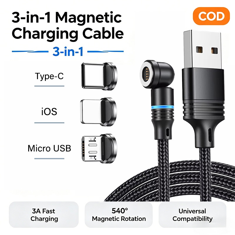 540 สายแม่เหล็กหมุนได้ 3A Fast CHARGING Magnet Type C Micro USB โทรศัพท์ข้อมูลสําหรับ iPhone Xiaomi Oneplus Oppo Realme