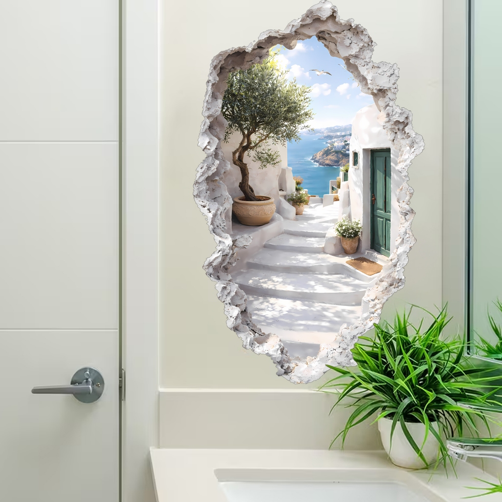 สติ๊กเกอร์ติดผนัง 3D Broken Wall View ลาย Santorini กันน้ํา กาวในตัว ถอดออกได้ สําหรับตกแต่งบ้าน ห้องนั่งเล่น ห้องน้ํา ห้องครัว Wall Art DIY
