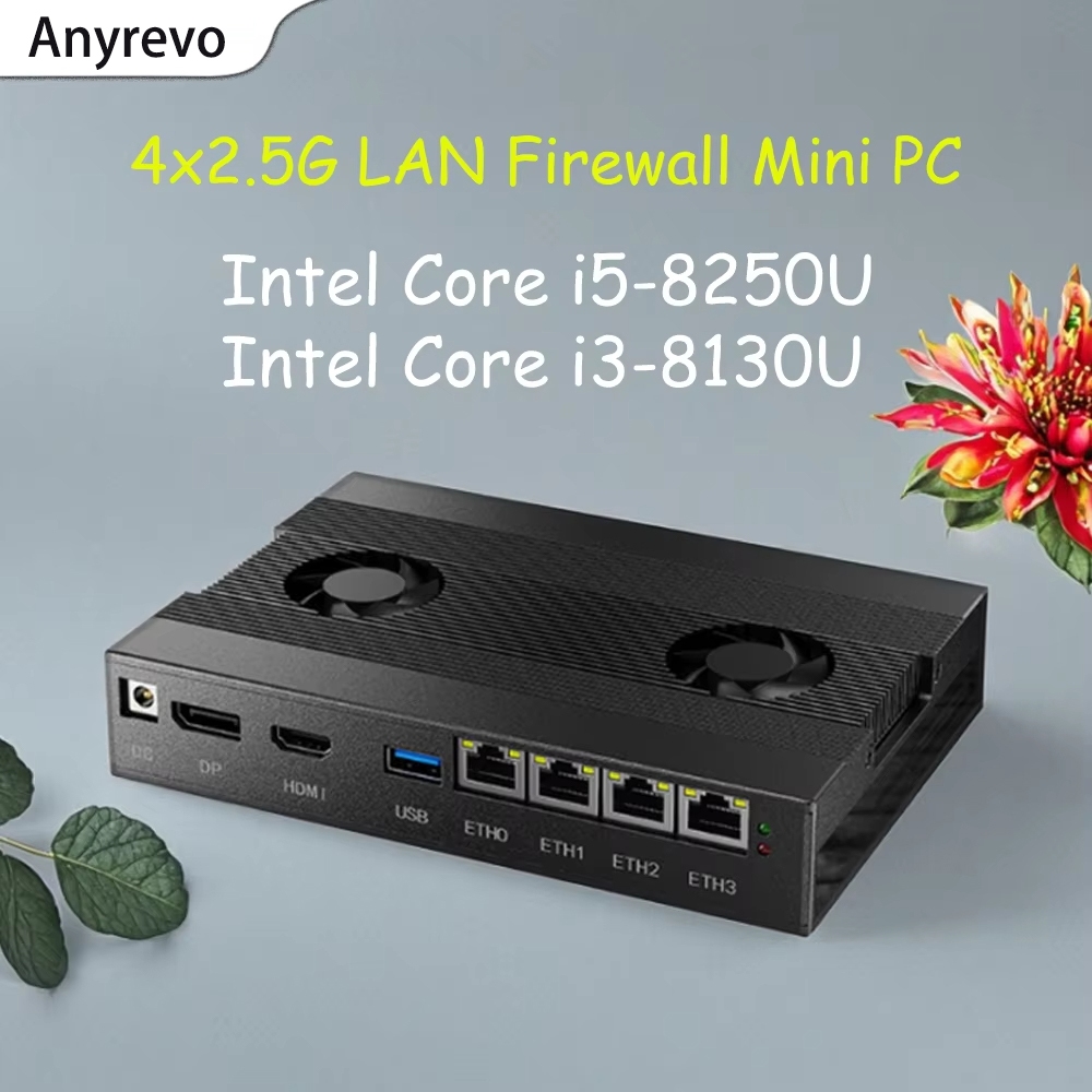 Anyrevo Firewall Mini PC NAS 4x2.5G i226-V LAN Intel Core i5-8250U i3-8130U 2xNVMe SATA3.0 TF SIM pf