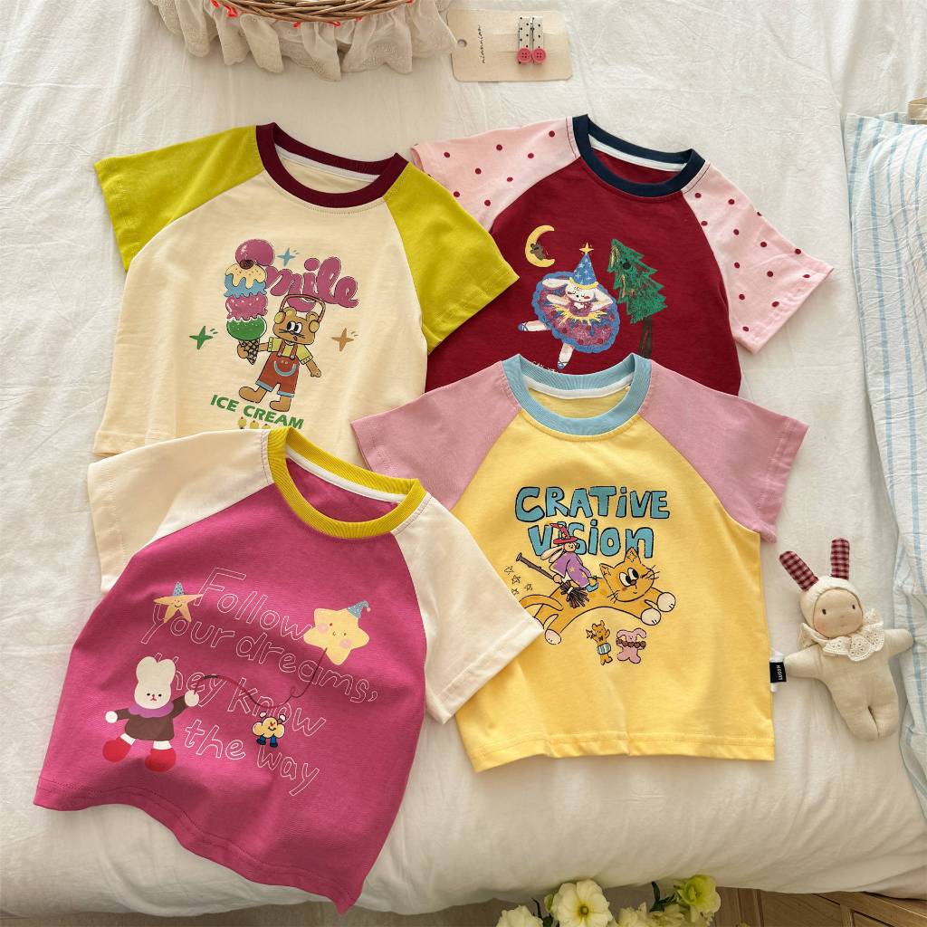 หญิงทารก แร็กแลน แขนแขนสั้นเสื้อยืดหญิงสีคมชัดฤดูร้อนสไตล์ใหม่สาวแฟชั่นรูปแบบเสื้อยืด