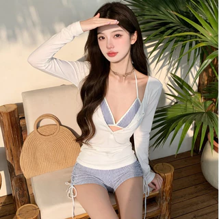 【M-5XL、ชุดไปทะเล/bikini】ชุดว่ายน้ำสามชิ้นสีฟ้าลายแยกสำหรับหน้าอกเล็ก ออกแบบเพื่อเน้นความเรียวยกทรง