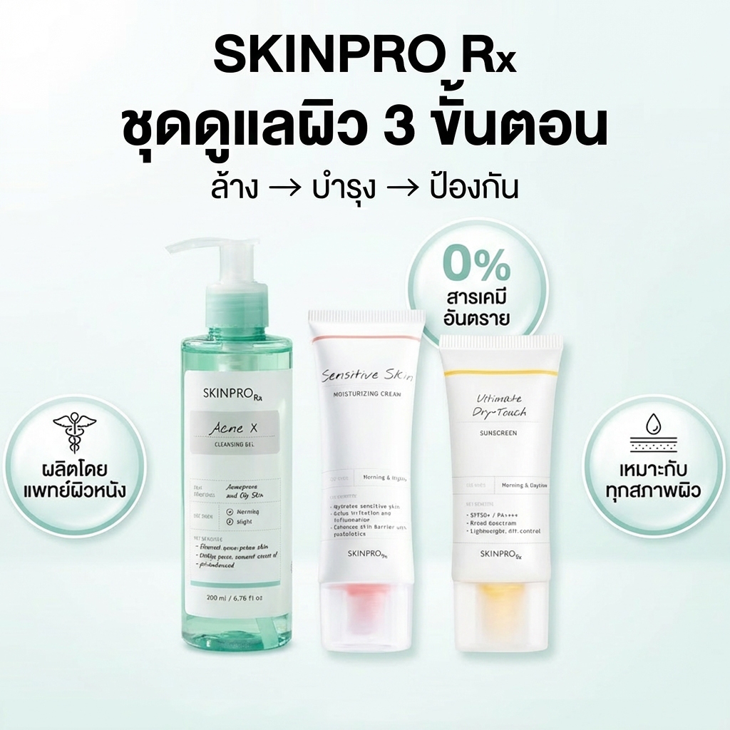 [ของแท้ 100%]SKINPRO Rx Acne X Cleansing Gel 200ml\Sensitive Skin Moisturizing Cream 50ml\Ultimate Dry-Touch Sunscreen 30ml