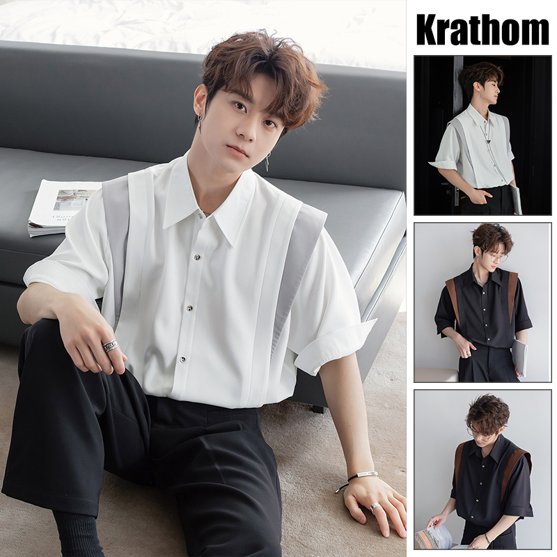เสื้อเชิ้ตแขนสั้นไหล่บล็อกสีสําหรับผู้ชายลําลองหลวมพรีเมี่ยมอเนกประสงค์