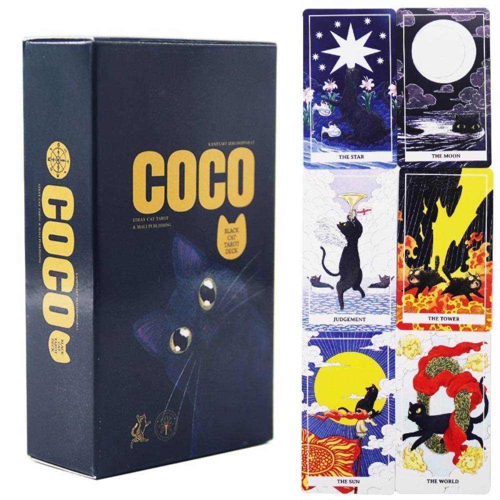 COCO Black Cat Tarot Deck – Whimsical Stray Cat Tarot, 78-Card Indie Tarot, แมวน่ารักคนรักเครื่องมือทํานายของขวัญ 10.3*6 ซม.