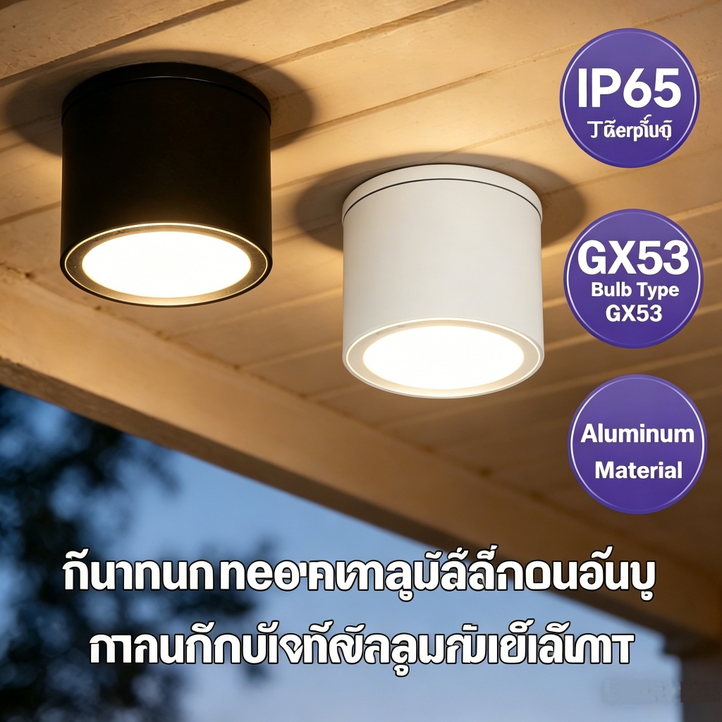 ดาวน์ไลท์ LED กันน้ำ IP65 สำหรับกลางแจ้ง 3สี เปลี่ยนหลอดไฟได้ GX53 ไฟดาวน์ไลท์ ตัวเรือนอลูมิเนียม ไฟติดเพดาน สำหรับติดฝ้า ในห้องน้ำ ระเบียง ทางเดิน