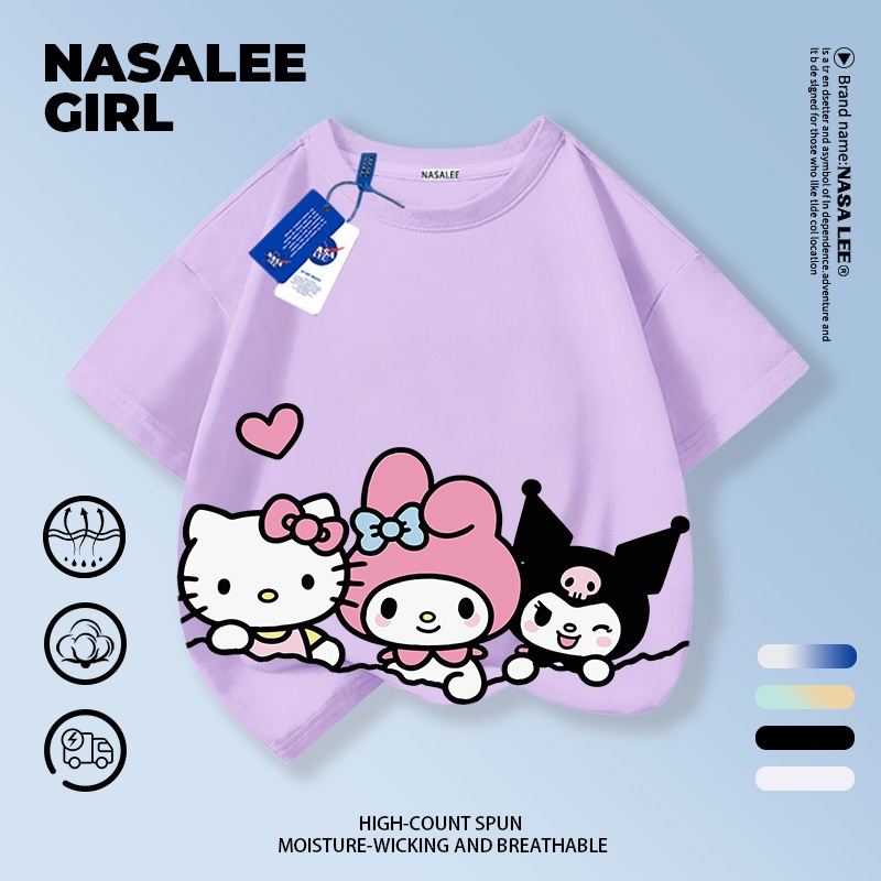 【จัดส่งจากกรุงเทพฯ】 เสื้อยืดผ้าฝ้ายนุ่มสบายสำหรับเด็ก NASA สีม่วงอ่อน ลายคุโรมิ สำหรับเด็กผู้หญิงอายุ 3-16 ปี ทรงหวานเก๋ ทันสมัย