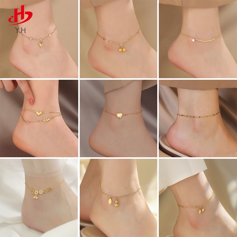 ⭐Y.H⭐ 316L โคลเวอร์สี่ใบ รูปหัวใจ ยิ้ม ผีเสื้อ เพชร สีทอง 18 K กำไลข้อเท้าสแตนเลส