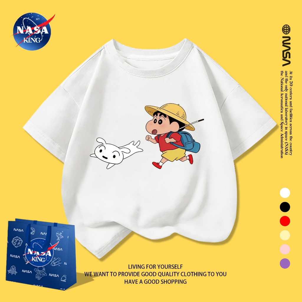 NASA เสื้อยืดแขนสั้นเด็ก ลายการ์ตูนครายพิน ชนิดผ้าฝ้าย เหมาะสำหรับเด็กชายและเด็กหญิง เสื้อยืดสีขาว