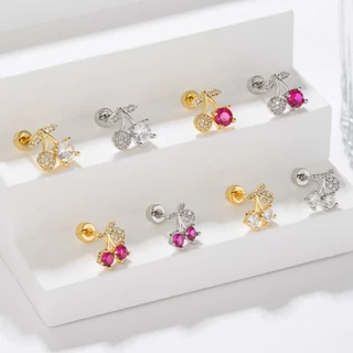 1 ชิ้น G23 ต่างหูเหล็กไทเทเนียมน่ารักต่างหูเชอร์รี่ Cubic Zirconia เจาะเครื่องประดับ Hypoallergenic