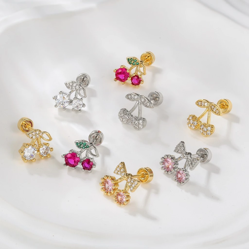 1 ชิ้น G23 ต่างหูเหล็กไทเทเนียมน่ารักต่างหูเชอร์รี่ Cubic Zirconia เจาะเครื่องประดับ Hypoallergenic