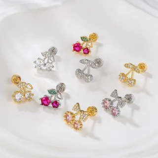 1 ชิ้น G23 ต่างหูเหล็กไทเทเนียมน่ารักต่างหูเชอร์รี่ Cubic Zirconia เจาะเครื่องประดับ Hypoallergenic