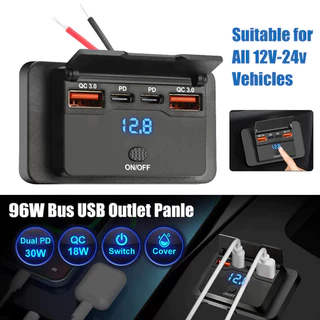 Type C USB Charger รถยนต์ Fast Charge PD QC3.0 กันน้ำ 12V 24V พร้อมสวิตช์ USB Socket ที่ชาร์จในรถ สำหรับรถยนต์ มอไซค์ เรือ