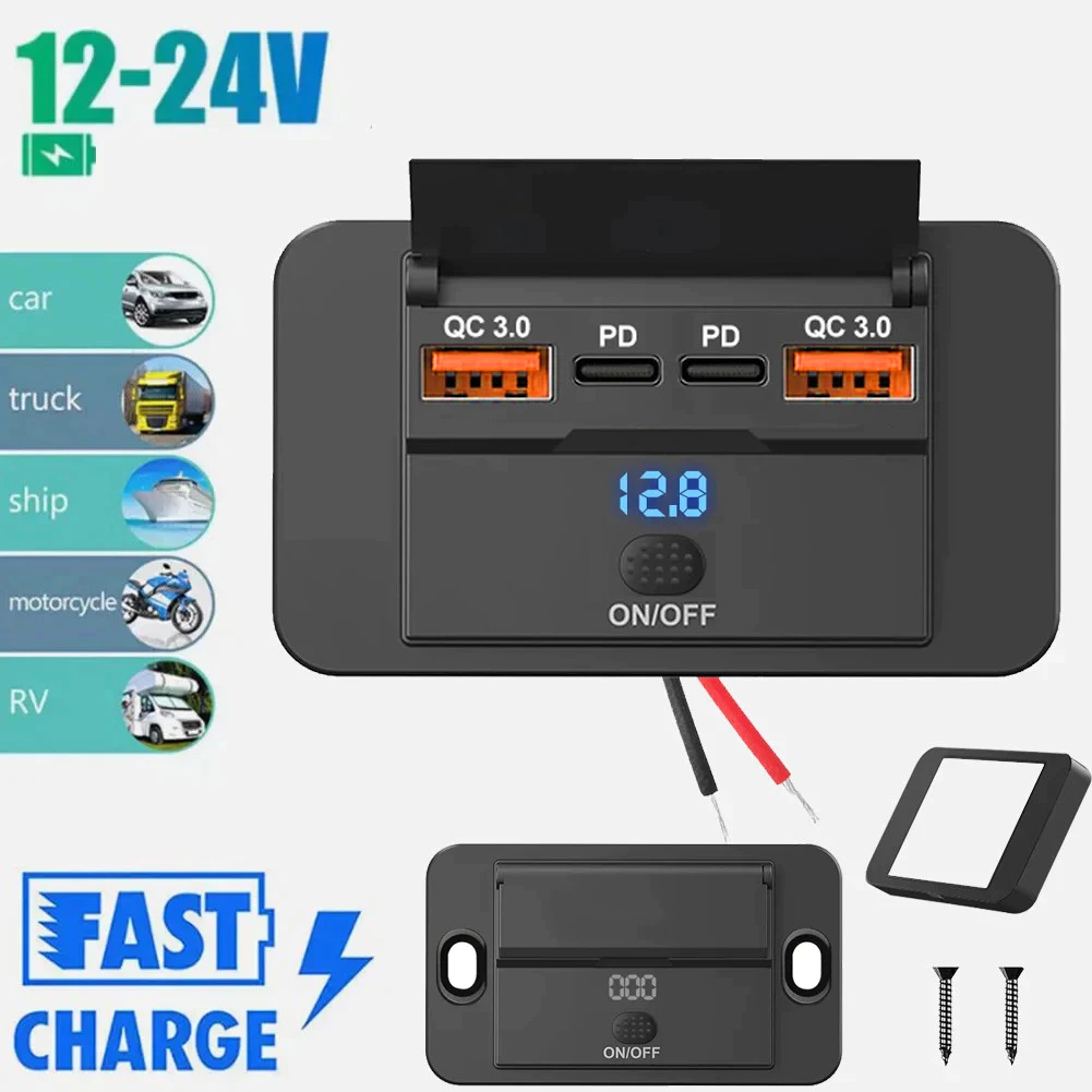Type C USB Charger รถยนต์ Fast Charge PD QC3.0 กันน้ำ 12V 24V พร้อมสวิตช์ USB Socket ที่ชาร์จในรถ สำหรับรถยนต์ มอไซค์ เรือ