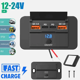 Type C USB Charger รถยนต์ Fast Charge PD QC3.0 กันน้ำ 12V 24V พร้อมสวิตช์ USB Socket ที่ชาร์จในรถ สำหรับรถยนต์ มอไซค์ เรือ