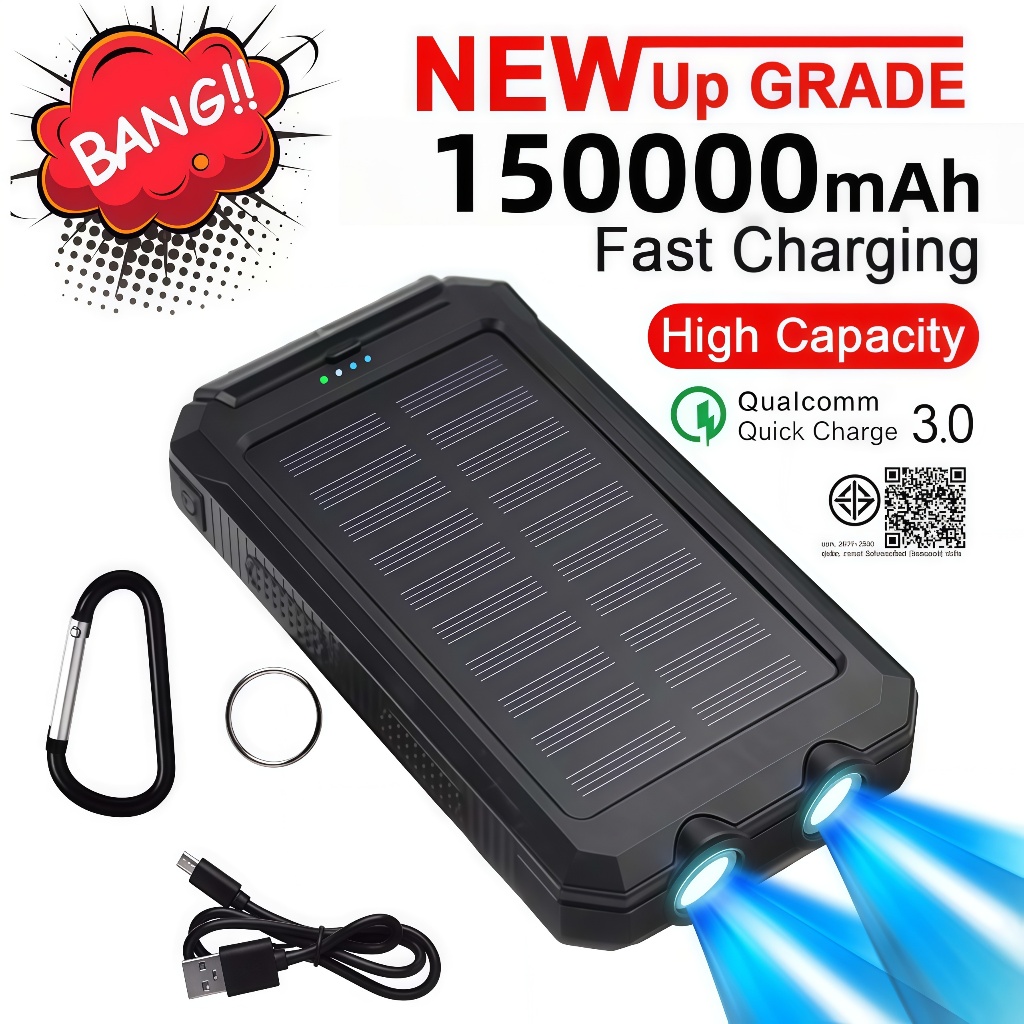 🚀【รับประกัน 5 ปี】🎁150,000mAh สมบัติการชาร์จพลังงานแสงอาทิตย์กันน้ํา ที่ชาร์จโทรศัพท์มือถือภายนอกพร้อมไฟ LED powerbank มี ccc พาวเวอร์แบงค์  พาเวอร์แบงค์ type c
