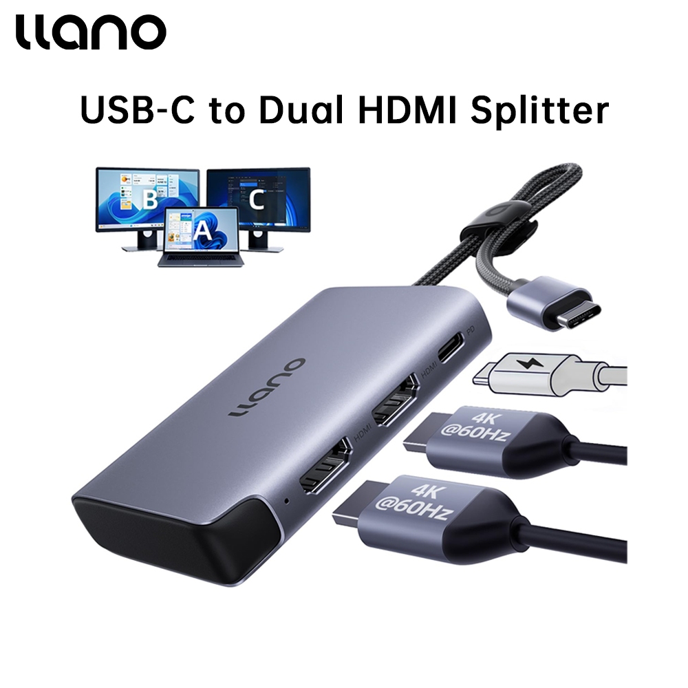 LLANO HDMI Splitter ขยายจอแสดงผลสําหรับ Dual Monitors, USB-C ถึง Dual HDMI อะแดปเตอร์ 2 พอร์ต 4K@60Hz 2K@144Hz@120Hz, MST HDMI Split ขยายสําหรับแล็ปท็อป MacBook Windows