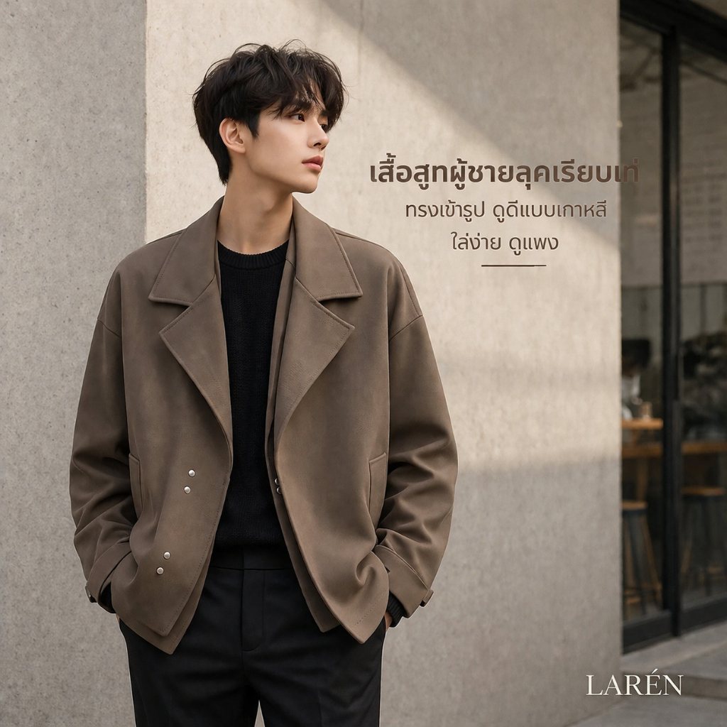 LARÉN เสื้อสูทผู้ชายดีไซน์สองชั้น สไตล์เกาหลี ทรงหลวม สูทลำลอง ใส่สบาย