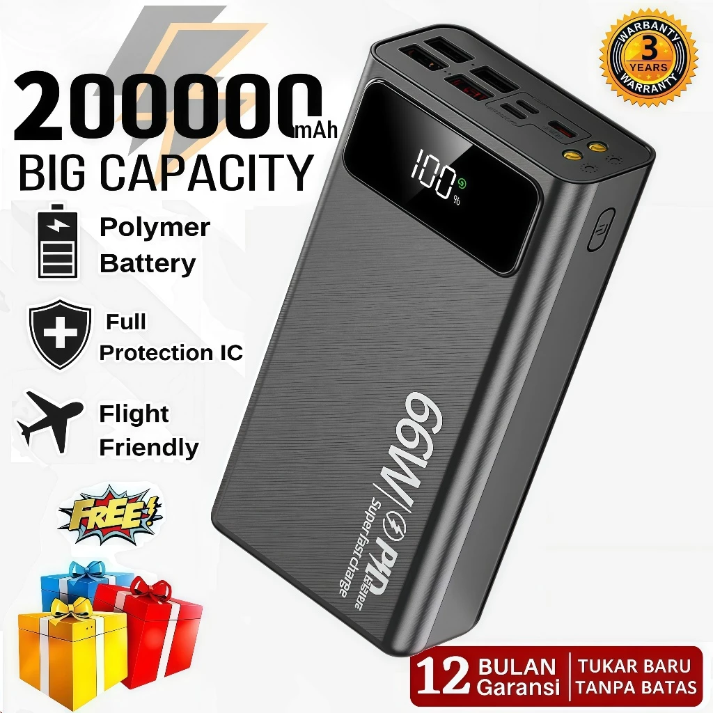 🚀【 รับประกัน 5 ปี】🎁ต้นฉบับต้นฉบับ 200,000mAh powerbank ชาร์จเร็วพร้อมอินเทอร์เฟซอินพุต USB3 4 พอร์ตเครื่องชาร์จแบบพกพา พาวเวอร์แบงค์ สายชาร์จ type c