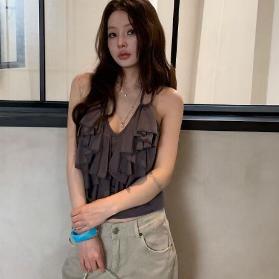 [PENNY HARPER]เสื้อกล้ามนัวเนียสีเทาสําหรับผู้หญิง – เสื้อกล้ามฤดูร้อนเชือกแขวนคอชั้นสุดเซ็กซี่