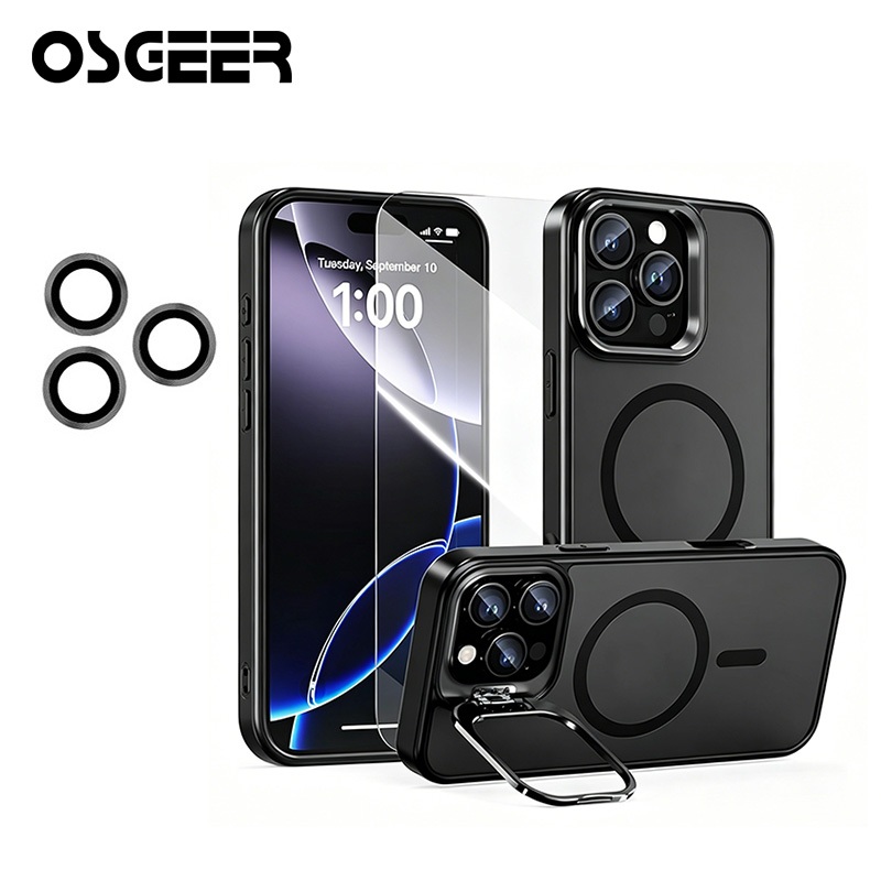 OSGEER สําหรับ iPhone 17 16 15 14 13 12 11 Pro เคสแม่เหล็กพร้อมขาตั้ง, เคส iPhone 16 Pro พร้อมตัวป้องกันหน้าจอและตัวป้องกันกล้อง, ฝาครอบกันกระแทกโปร่งแสง