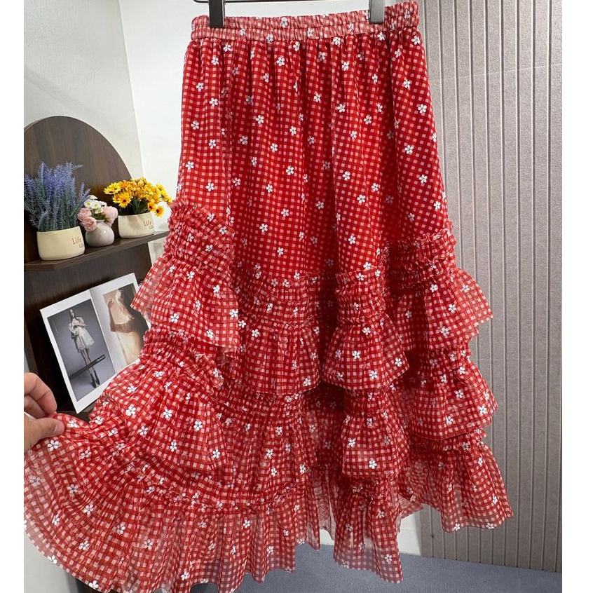 กระโปรง midi สไตล์ vintage กะทัดรัด ลายพิมพ์ดอกไม้ มีเอวยางยืด และ design ruffle รหัสQT2833