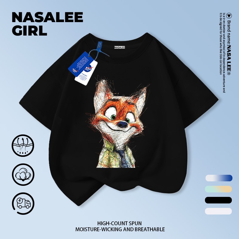 【จัดส่งจากกรุงเทพฯ】เสื้อผ้าฝ้ายสีดำสำหรับเด็ก ลายการ์ตูนจิ้งจอกน่ารัก สนุกสนาน ใส่แล้วระบายอากาศดี เหมาะสำหรับหน้าร้อน เป็นเสื้อแขนสั้น เหมาะสำหรับเด็กอายุ 3-16 ปี ทั้งชายและหญิง