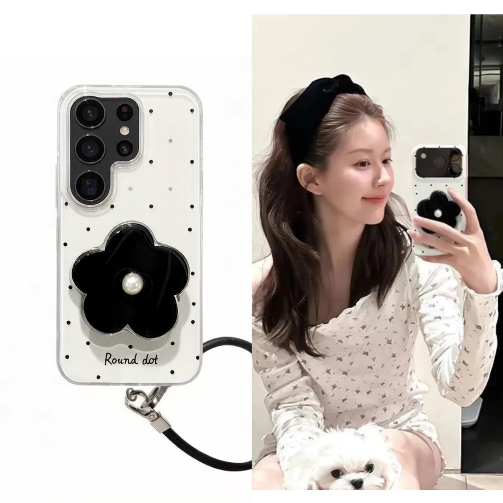 Polka Dot ดอกไม้สีดําเหมาะสําหรับ Samsung s25fe เคสโทรศัพท์ s26/s23ultra ผู้หญิง s21+/ s22/a54/a52 Creative Shock-proof a72/a73/a33 เคสแข็ง a05s/a57 รวมทุกอย่าง a53