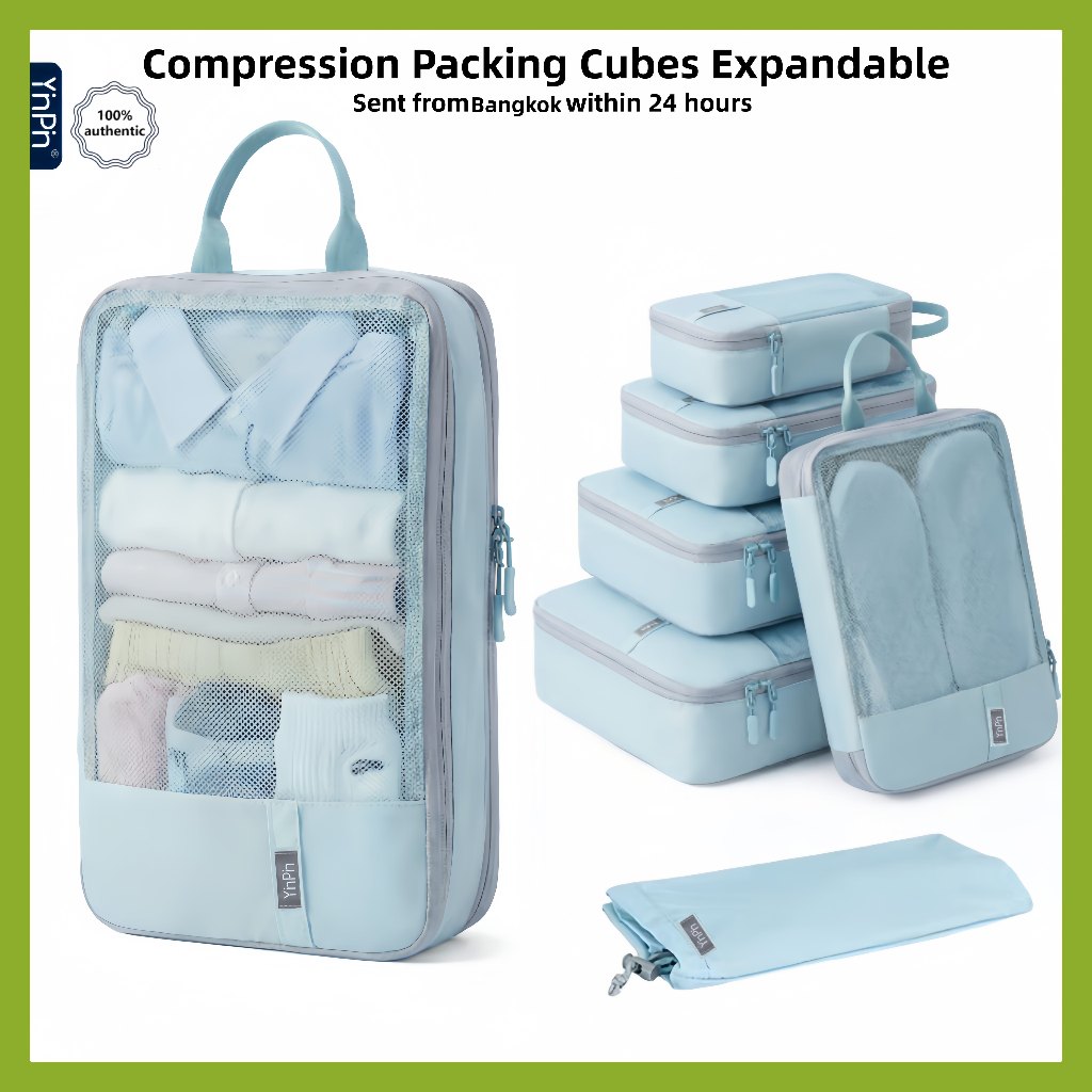 Travel Packing Cubes กระเป๋าเก็บเสื้อผ้า Compression ขยายได้ 6 ชิ้น จัดเก็บได้เยอะ